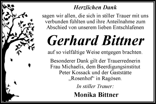 Traueranzeige von Gerhard Bittner von Trauerkombi Dessau