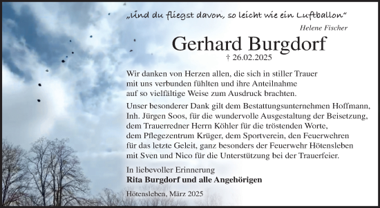 Traueranzeige von Gerhard Burgdorf von Volksstimme Oschersleben/Wanzleben