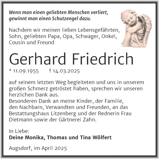 Traueranzeige von Gerhard Friedrich von Trauerkombi Mansfelder Land