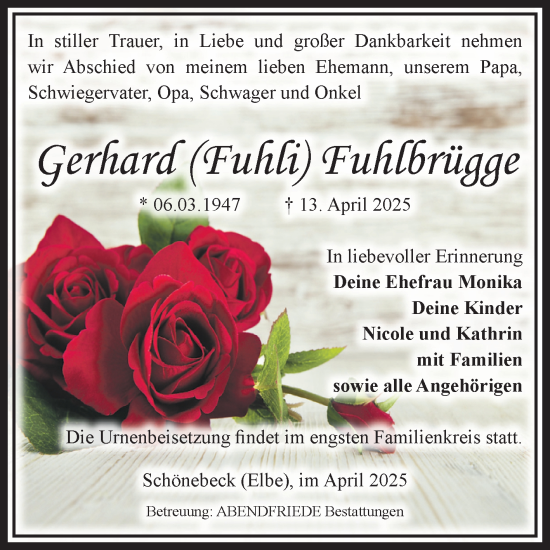 Traueranzeige von Gerhard Fuhlbrügge von Volksstimme Schönebeck