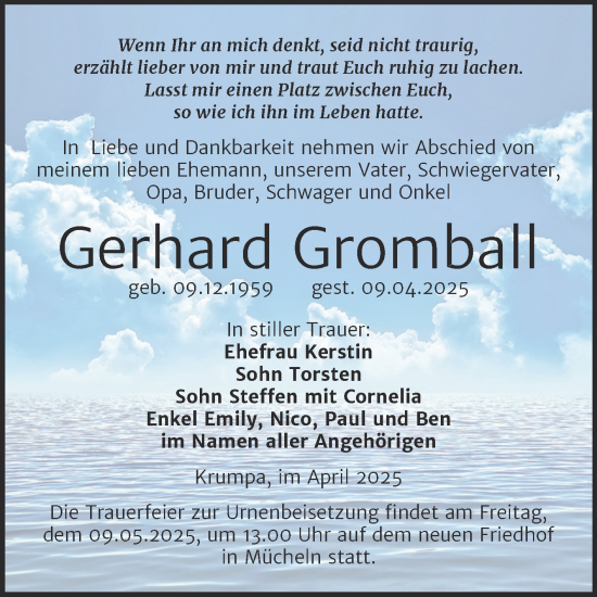 Traueranzeige von Gerhard Gromball von Trauerkombi Merseburg