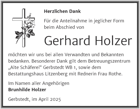 Traueranzeige von Gerhard Holzer von Trauerkombi Mansfelder Land