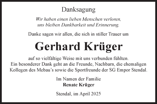Traueranzeige von Gerhard Krüger von Volksstimme Altmark Ost