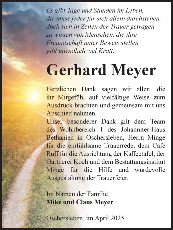 Traueranzeige von Gerhard Meyer von Volksstimme Oschersleben/Wanzleben