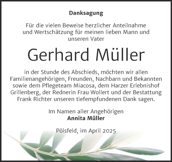 Traueranzeige von Gerhard Müller von Trauerkombi Sangerhausen