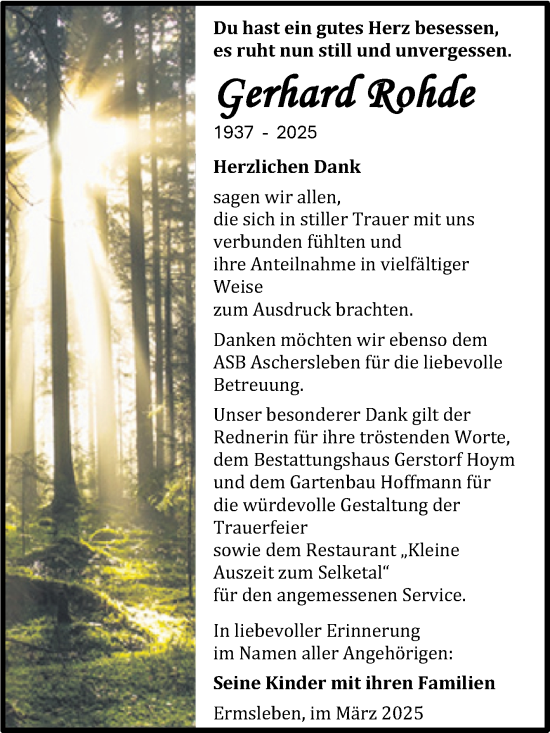 Traueranzeige von Gerhard Rohde von Trauerkombi Quedlinburg