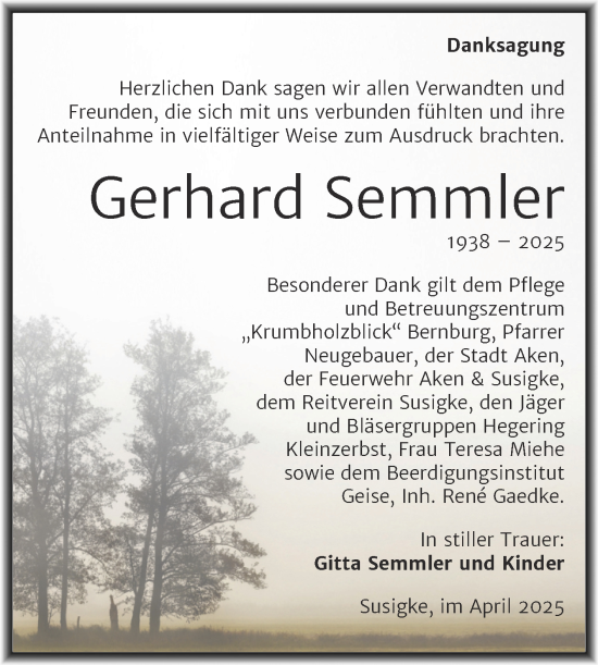 Traueranzeige von Gerhard Semmler von Trauerkombi Köthen