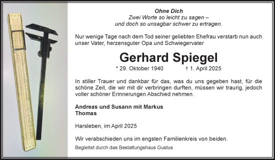 Traueranzeige von Gerhard Spiegel von Volksstimme Halberstadt