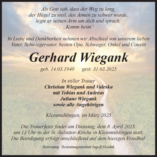Traueranzeige von Gerhard Wiegank von Volksstimme Schönebeck