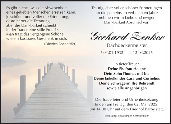 Traueranzeige von Gerhard Zenker von Volksstimme Schönebeck