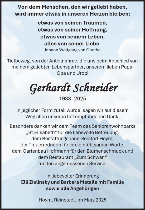 Traueranzeige von Gerhardt Schneider von Trauerkombi Aschersleben
