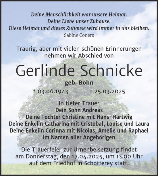 Traueranzeige von Gerlinde Schnicke von Trauerkombi Merseburg
