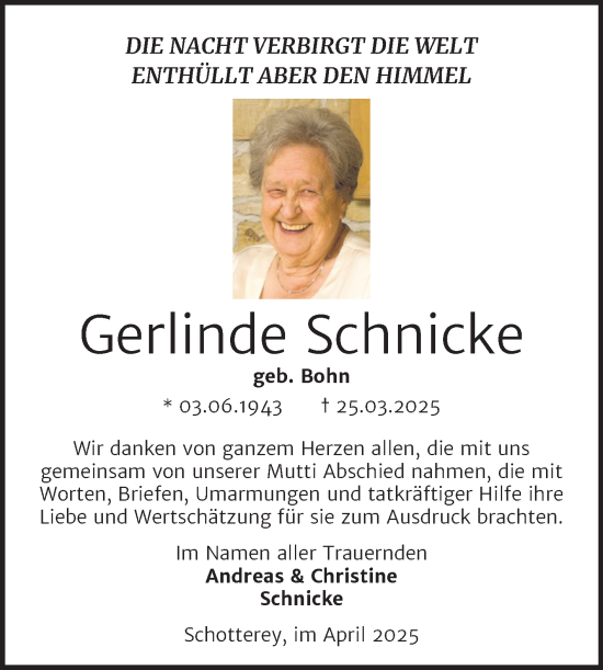 Traueranzeige von Gerlinde Schnicke von Trauerkombi Merseburg