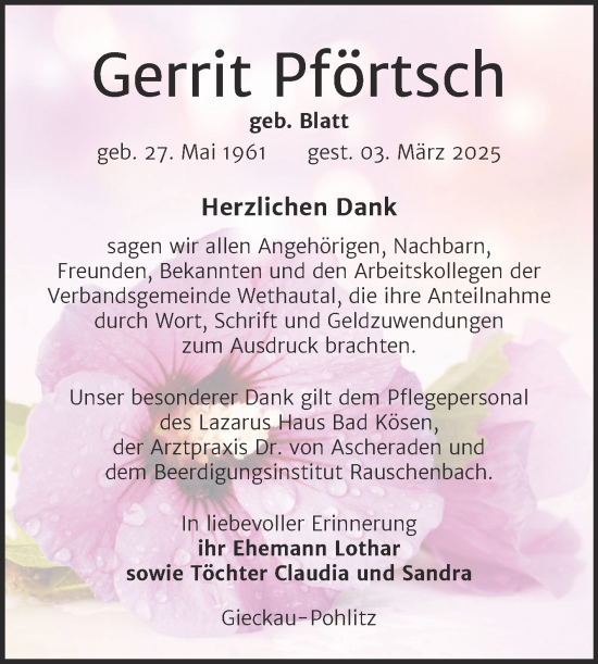 Traueranzeige von Gerrit Pförtsch von Naumburger Tageblatt