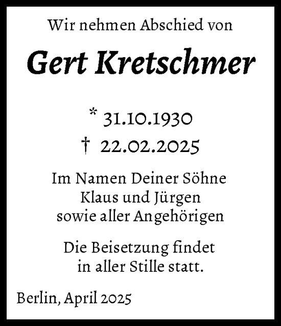 Traueranzeige von Gert Kretschmer von Volksstimme Magdeburg