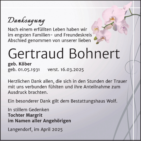 Traueranzeige von Gertraud Bohnert von Trauerkombi Weißenfels