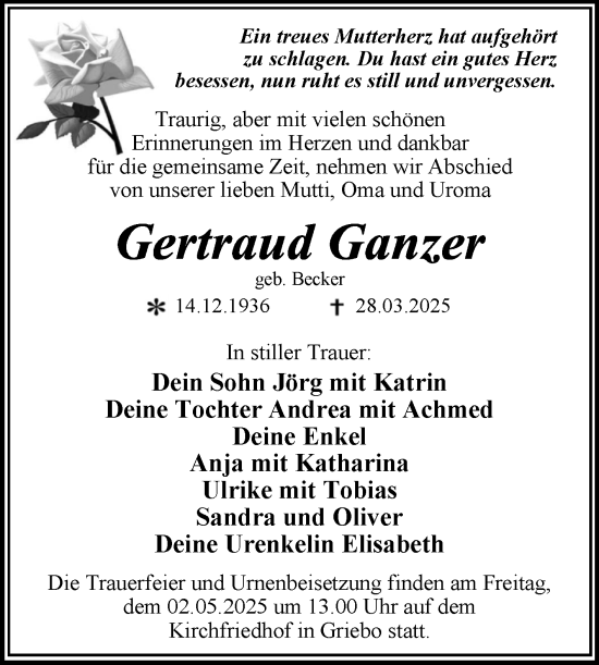 Traueranzeige von Gertraud Ganzer von Trauerkombi Wittenberg