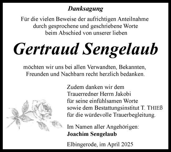 Traueranzeige von Gertraud Sengelaub von Volksstimme Wernigerode