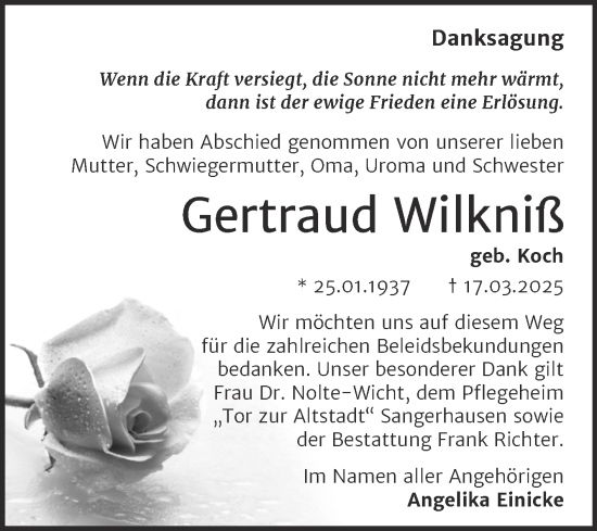 Traueranzeige von Gertraud Wilkniß von Trauerkombi Sangerhausen