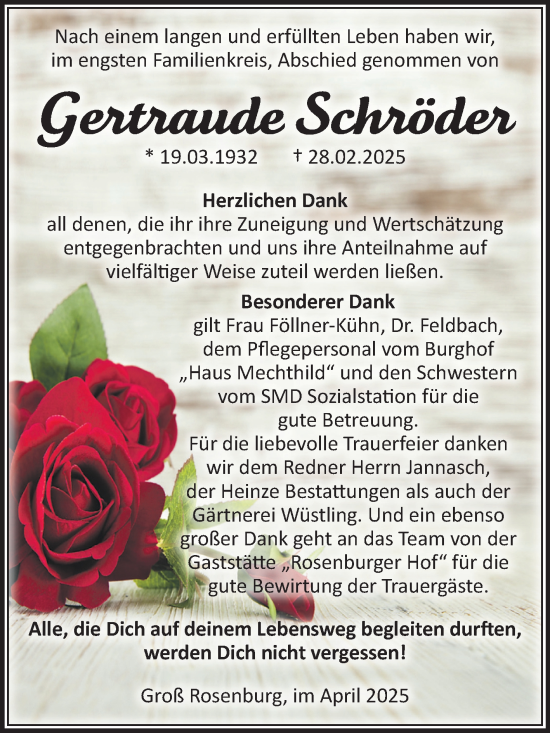 Traueranzeige von Gertraude Schröder von Volksstimme Schönebeck