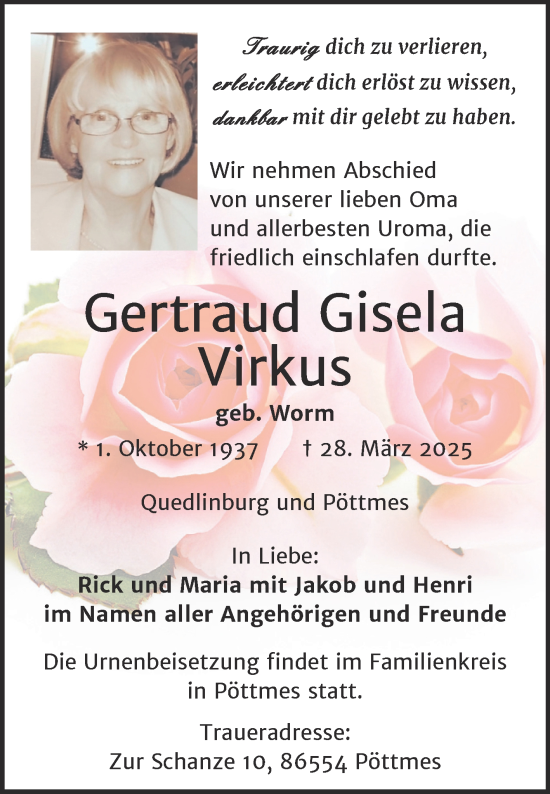 Traueranzeige von Gertraud Gisela Virkus von Mitteldeutsche Zeitung Quedlingburg