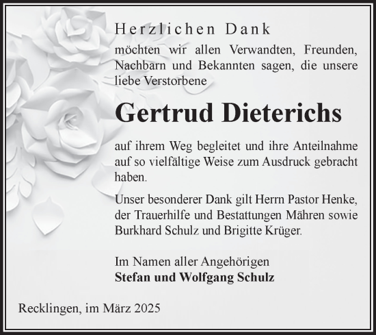 Traueranzeige von Gertrud Dieterichs von Volksstimme Altmark West