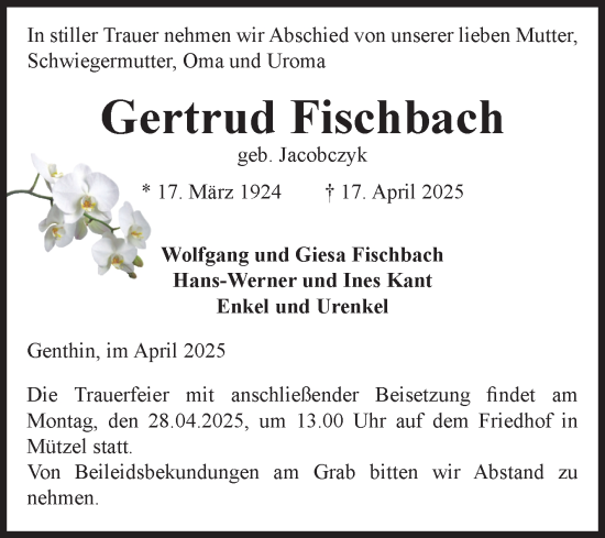Traueranzeige von Gertrud Fischbach von Volksstimme Burg/Genthin