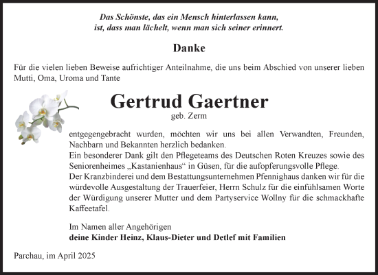 Traueranzeige von Gertrud Gaertner von Volksstimme Burg/Genthin