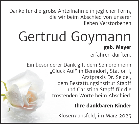 Traueranzeige von Gertrud Goymann von Trauerkombi Mansfelder Land