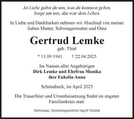 Traueranzeige von Gertrud Lemke von Volksstimme Schönebeck