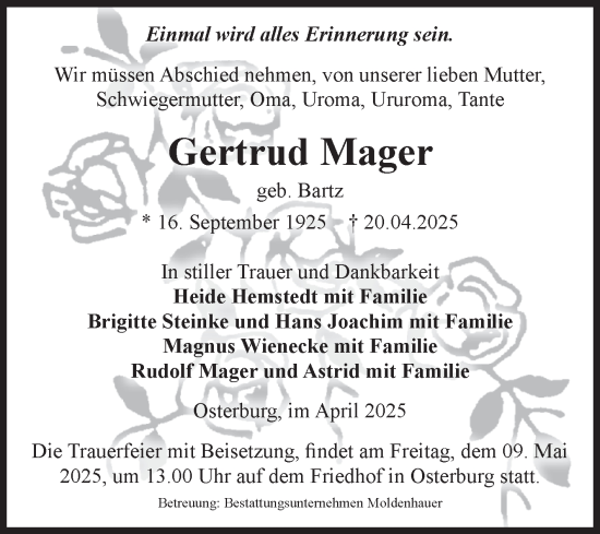 Traueranzeige von Gertrud Mager von Volksstimme Altmark Ost