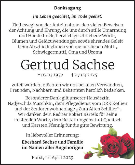 Traueranzeige von Gertrud Sachse von Trauerkombi Köthen