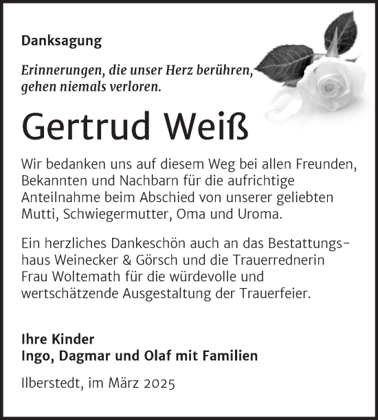 Traueranzeige von Gertrud Weiß von Trauerkombi Bernburg