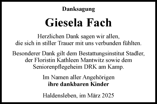 Traueranzeige von Giesela Fach von Volksstimme Haldensleben/Wolmirstedt