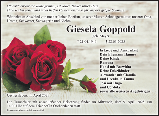 Traueranzeige von Giesela Goppold von Volksstimme Oschersleben/Wanzleben