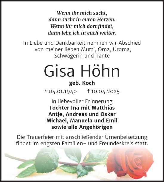 Traueranzeige von Gisa Höhn von Trauerkombi Mansfelder Land