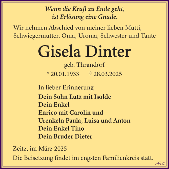 Traueranzeige von Gisela Dinter von Trauerkombi Zeitz