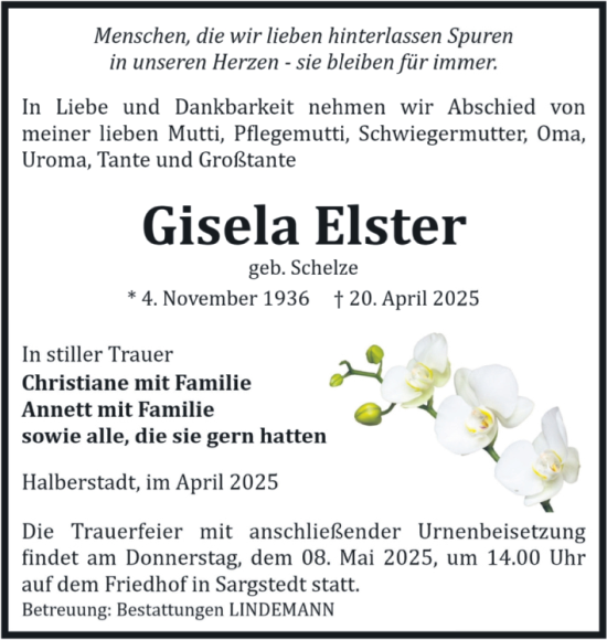 Traueranzeige von Gisela Elster von Volksstimme Halberstadt