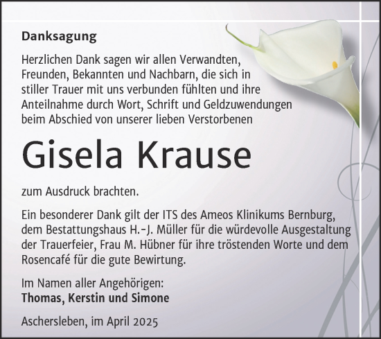 Traueranzeige von Gisela Krause von Trauerkombi Aschersleben