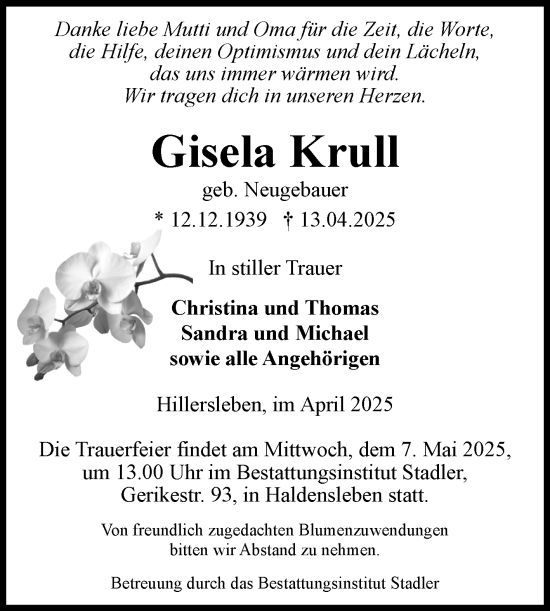 Traueranzeige von Gisela Krull von Volksstimme Haldensleben/Wolmirstedt