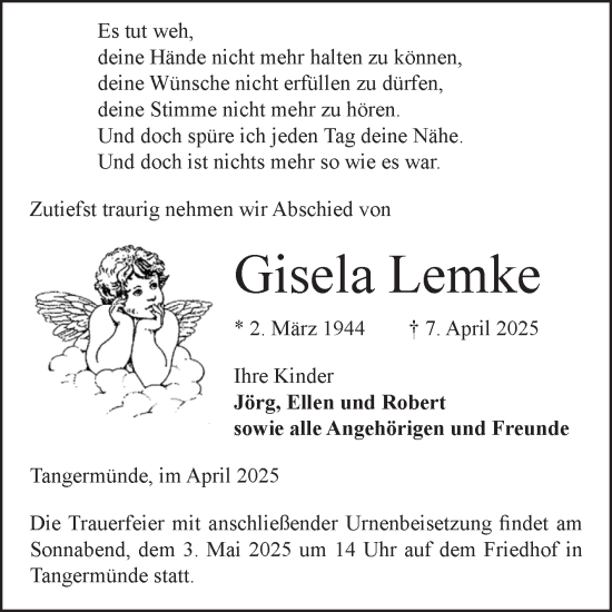 Traueranzeige von Gisela Lemke von Volksstimme Altmark Ost