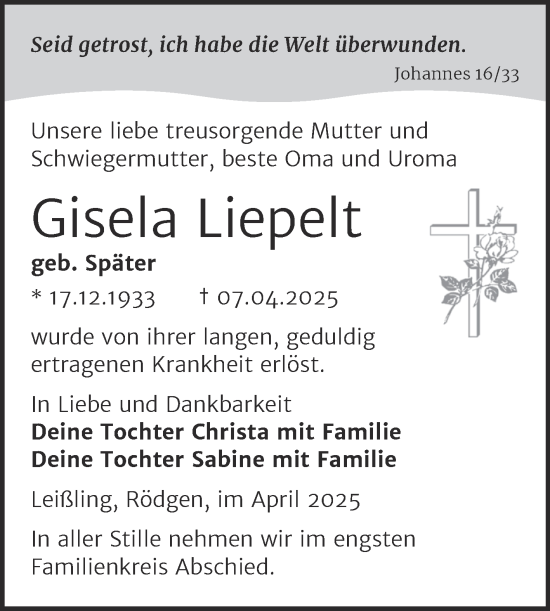 Traueranzeige von Gisela Liepelt von Trauerkombi Weißenfels