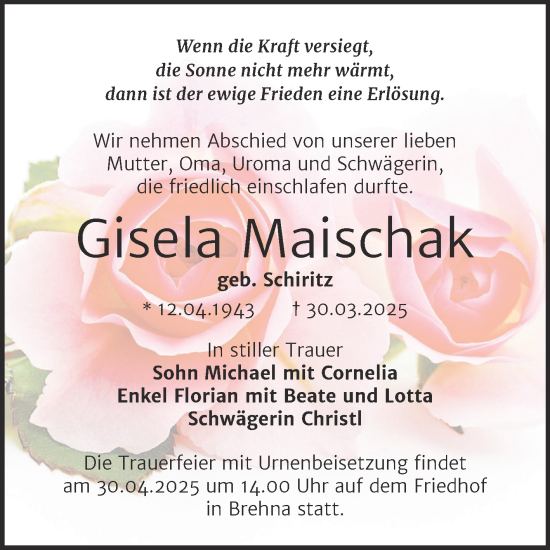 Traueranzeige von Gisela Maischak von Trauerkombi Bitterfeld