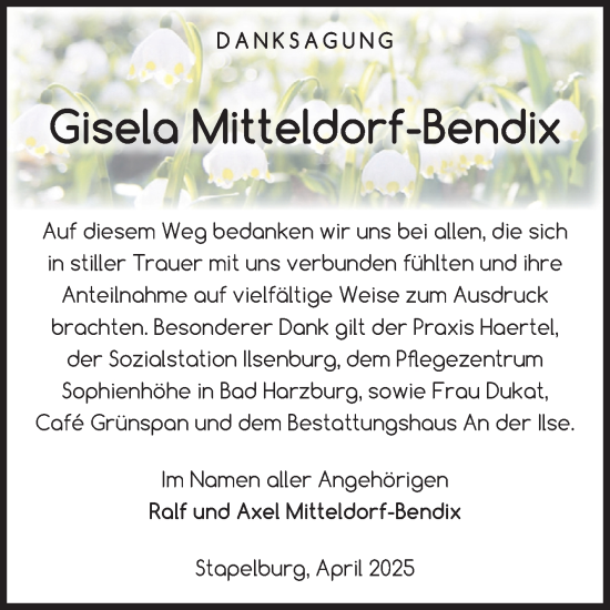Traueranzeige von Gisela Mitteldorf-Bendix von Volksstimme Wernigerode