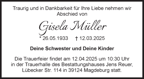 Traueranzeige von Gisela Müller von Volksstimme Magdeburg