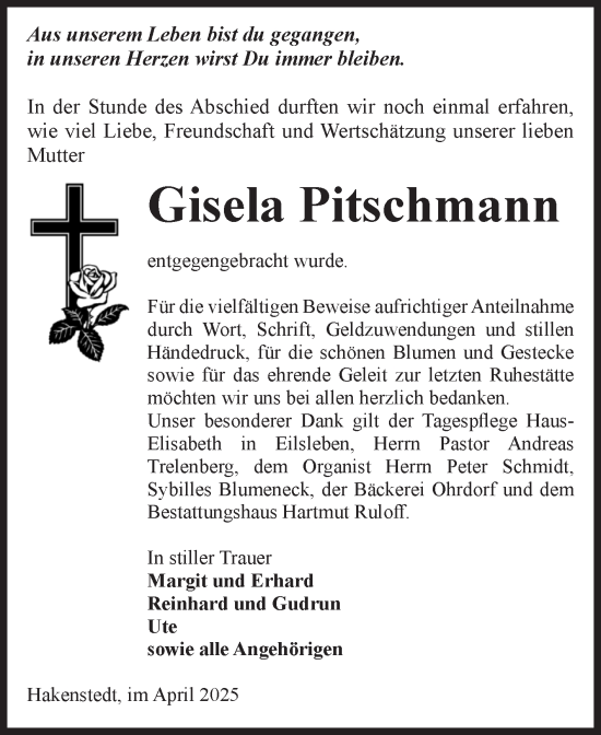 Traueranzeige von Gisela Pitschmann von Volksstimme Haldensleben/Wolmirstedt
