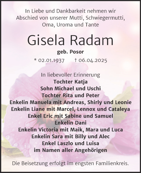 Traueranzeige von Gisela Radam von Trauerkombi Bernburg
