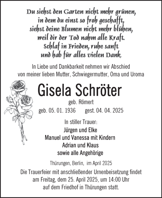 Traueranzeige von Gisela Schröter von Trauerkombi Sangerhausen