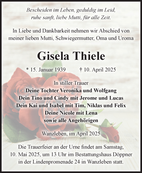 Traueranzeige von Gisela Thiele von Volksstimme Oschersleben/Wanzleben