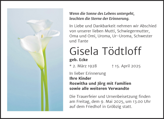 Traueranzeige von Gisela Tödtloff von Trauerkombi Köthen